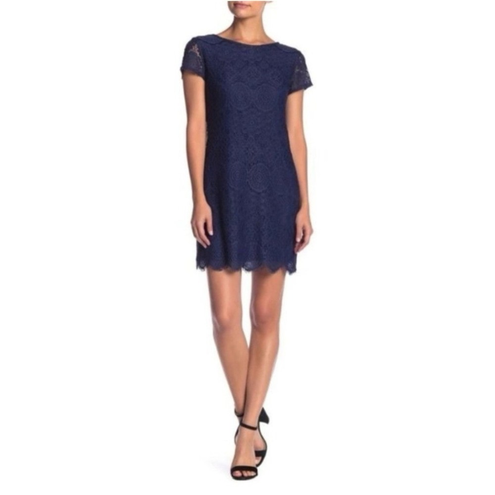 Laundry Shelli Segal Navy Blue Lace Cocktail Shift Dress 10 Scalloped Hem EUC
